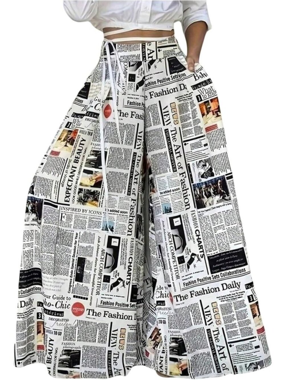 Plus Size Newspaper Print Wide Leg Pants for Women - Trendy Fashion Trousers